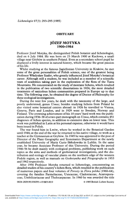 JOZEF MOTYKA 1900-1984 Professor Jozef Motyka, the Distinguished Polish Botanist and Lichenologist, Died on 6 July 1984