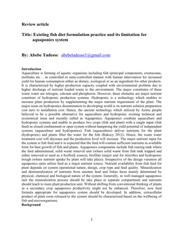 Existing Fish Diet Formulation Practice and Its Limitation for Aquaponics System