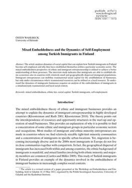 Mixed Embeddedness and the Dynamics of Self-Employment Among Turkish Immigrants in Finland