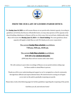 From the Our Lady of Lourdes Parish Office