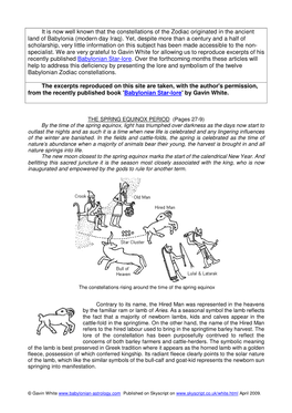 It Is Now Well Known That the Constellations of the Zodiac Originated in the Ancient Land of Babylonia (Modern Day Iraq). Yet, D