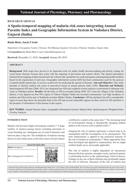 A Spatio-Temporal Mapping of Malaria Risk Zones Integrating Annual Parasite Index and Geographic Information System in Vadodara District, Gujarat (India)