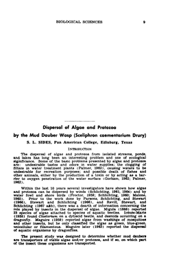 Dispersal of Algae and Protozoa by the Mud Dauber Wasp (Sceliphron Caementarium Drury) S