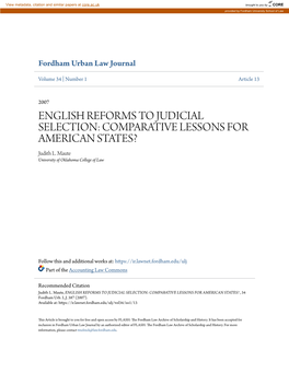 ENGLISH REFORMS to JUDICIAL SELECTION: COMPARATIVE LESSONS for AMERICAN STATES? Judith L