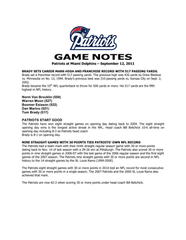 GAME NOTES Patriots at Miami Dolphins – September 12, 2011
