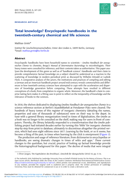 Total Knowledge? Encyclopedic Handbooks in the Twentieth-Century Chemical and Life Sciences