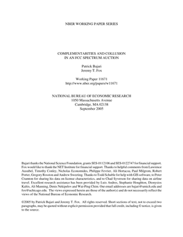 NBER WORKING PAPER SERIES COMPLEMENTARITIES and COLLUSION in an FCC SPECTRUM AUCTION Patrick Bajari Jeremy T. Fox Working Paper