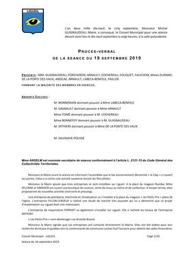 Conseil Municipal Pour Une Séance Devant Avoir Lieu Le Dix-Neuf Septembre À Vingt Heures, À La Salle Polyvalente