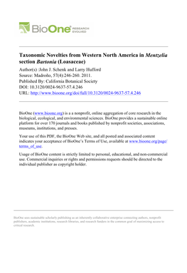 Taxonomic Novelties from Western North America in Mentzelia Section Bartonia (Loasaceae) Author(S) :John J