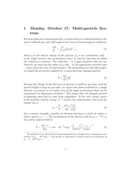 1 Monday, October 17: Multi-Particle Sys- Tems