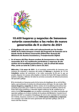 10.400 Hogares Y Negocios De Sanxenxo Estarán Conectados a Las Redes De Nueva Generación De R a Cierre De 2021