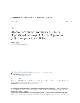 Observations on the Occurrence of Chalky Deposits on Forewings of Oncometopia Orbona (F) (Homoptera: Cicadellidae) Mark A