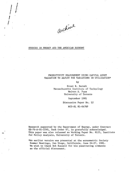 Studies in Energy and the American Economy Productivity Easure1ent Using Capital Asset Valuation to Adjust for Variations in U