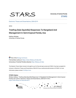 Treefrog (Hyla Squirella) Responses to Rangeland and Management in Semi-Tropical Florida, Usa