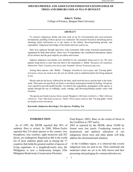 Species Profile and Associated Indigenous Knowledge of Trees and Shrubs Used As Tea in Benguet