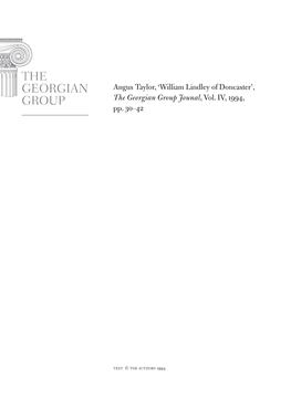 Angus Taylor, 'William Lindley of Doncaster', the Georgian Group Jounal, Vol. IV, 1994, Pp. 30–42