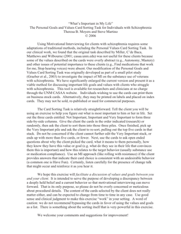 “What's Important in My Life” the Personal Goals and Values Card Sorting Task for Individuals with Schizophrenia Theresa B