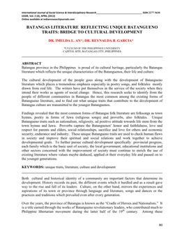 Batangas Literature Reflecting Unique Batangueno Traits: Bridge to Cultural Development