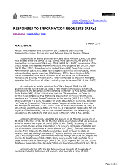 Mexico: the Presence and Structure of Los Zetas and Their Activities Research Directorate, Immigration and Refugee Board of Canada, Ottawa