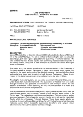 CITATION LAKE of MENTEITH SITE of SPECIAL SCIENTIFIC INTEREST Stirling Site Code: 900