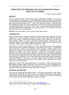 Productivity of Honeybees in Oil Palm Integrated System in Niger- Delta of Nigeria F.N