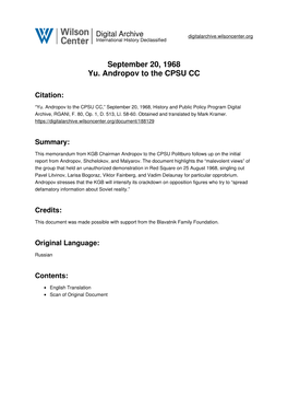 September 20, 1968 Yu. Andropov to the CPSU CC