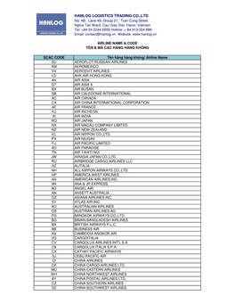 Airline Name & Code Tên & Mã Các Hãng Hàng Không