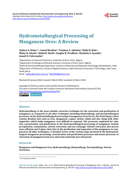 Hydrometallurgical Processing of Manganese Ores: a Review