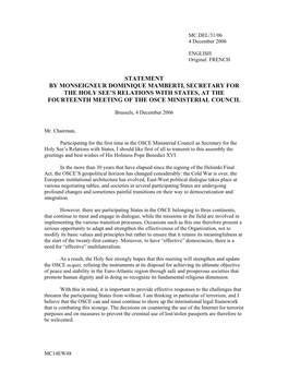 Statement by Monseigneur Dominique Mamberti, Secretary for the Holy See’S Relations with States, at the Fourteenth Meeting of the Osce Ministerial Council