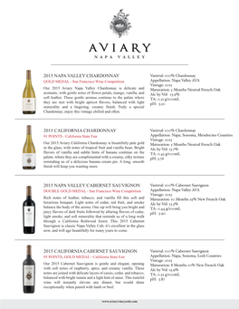 100% Chardonnay Appellation: Napa Valley AVA Vintage: 2015 Maturation
