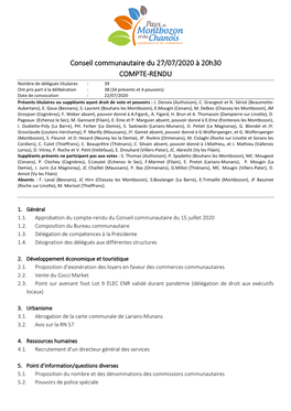 Conseil Communautaire Du 27/07/2020 À 20H30 COMPTE-RENDU