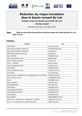Réduction Du Risque Inondation Dans Le Bassin Versant Du Loir Compte-Rendu De Réunion Du Comité De Suivi - Secteur Amont- Montoire-Sur-Le-Loir, Le 7 Juillet 2015