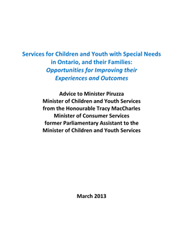 Services for Children and Youth with Special Needs in Ontario, and Their Families: Opportunities for Improving Their Experiences and Outcomes