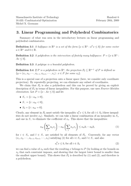 3. Linear Programming and Polyhedral Combinatorics Summary of What Was Seen in the Introductory Lectures on Linear Programming and Polyhedral Combinatorics