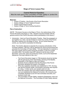 Reign of Terror Lesson Plan Central Historical Question