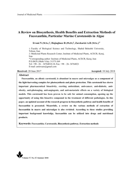 A Review on Biosynthesis, Health Benefits and Extraction Methods of Fucoxanthin, Particular Marine Carotenoids in Algae