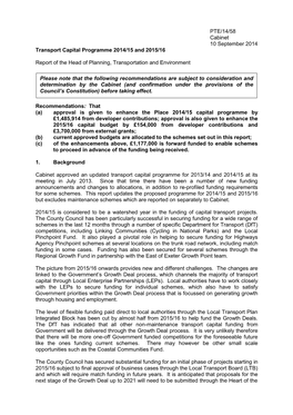 PTE/14/58 Cabinet 10 September 2014 Transport Capital Programme 2014/15 and 2015/16