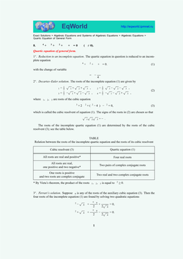 Quartic Equation of General Form