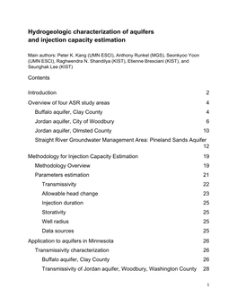 Hydrogeologic Characterization of Aquifers and Injection Capacity Estimation