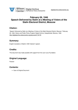 February 09, 1946 Speech Delivered by Stalin at a Meeting of Voters of the Stalin Electoral District, Moscow