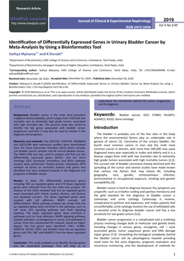 Identification of Differentially Expressed Genes in Urinary Bladder Cancer by Meta-Analysis by Using a Bioinformatics Tool Sathya Mylsamy1* and K Devaki2