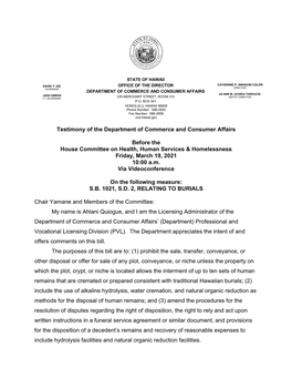 Testimony of the Department of Commerce and Consumer Affairs Before the House Committee on Health, Human Services & Homeles