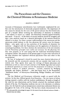 The Paracelsians and the Chemists: the Chemical Dilemma in Renaissance Medicine