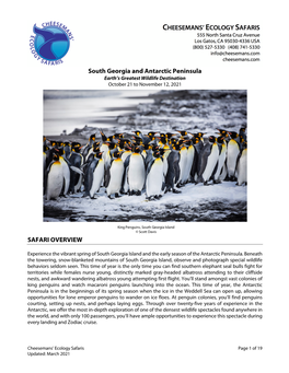 South Georgia and Antarctic Peninsula Earth’S Greatest Wildlife Destination October 21 to November 12, 2021