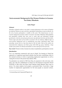 Socio-Economic Background of the Women Workers in Guranse Tea Estate, Dhankuta