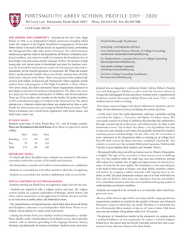 PORTSMOUTH ABBEY SCHOOL Profile 2019 - 2020 285 Cory’S Lane Portsmouth, Rhode Island 02871 Phone: 401.643.1254 Fax: 401.682.7088