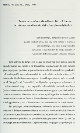 Tango Varsoviano De Alberto Félix Alberto: La Intemacionalización Dei Suburbio Revisitada