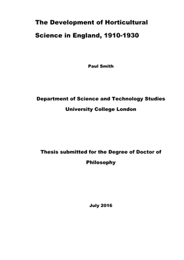 The Development of Horticultural Science in England, 1910-1930