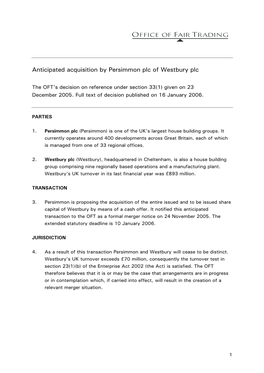 Anticipated Acquisition by Persimmon Plc of Westbury Plc