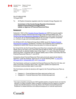 File OF-GEN-06 FRR 14 August 2020 To: All Pipeline Companies